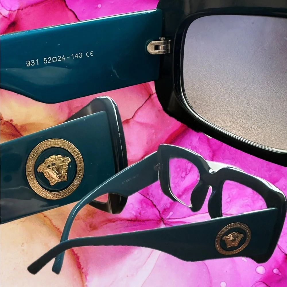Versace black sunglasses dark tint with teal sides serial number 93152024–1 43CE - Picture 8 of 11